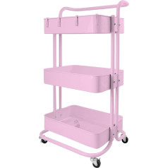 Lamde 3 Tier Metal Rolling Cart with Handle, Multifunctional Storage Cart for Office, Living Room, Kitchen, Movable Storage Cart with Wheels (C-Pink)