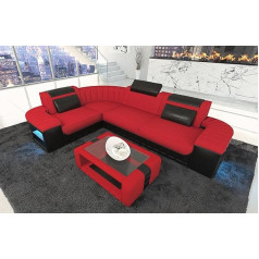 Sofa Dreams Bergamo L Shape Fabric Sofa Couch with LED Lighting, Adjustable Headrests, Chaise Longue / Microfibre / Choice of Orientation (Corner Left, Red/Black C134)