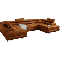 Kreative Furniture & Design Miami U Corner Sofa with Sleep Function, Corner Couch with Bed Box, U-Shape Couch, Living Room Sofa, Corner Sofa with Bed Box, Sofa Set with Sleep Function, 338 x 203 cm (High-Quality Fabric) (Gold)