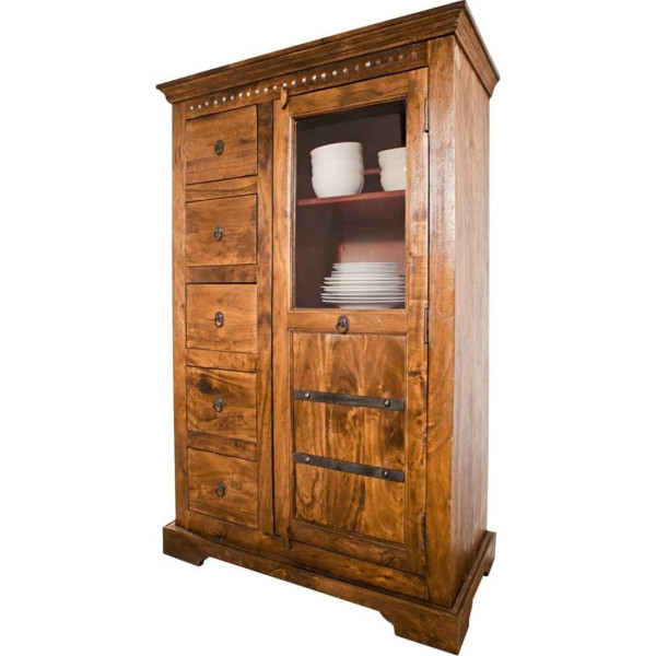 Massivmoebel24.De Oxford Solid Wood Showcase #0417 Acacia Wood Honey Varnished Colonial Style 95 x 45 x 147 cm Solid Wood Display Case