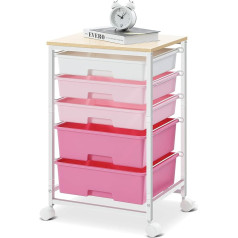 SYKIARIOL Bathroom Trolley with 5 Drawers, Kitchen Trolley with Wheels with Wooden Table Top, Rolling Container for Kitchen, Living Room, Bedroom, Office, Pink