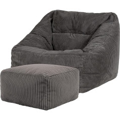 Icon Morgan Bean Bag Chair with Stool for Adults, Dark Grey, Fluffy Corduroy Fabric, Giant Bean Bag Cord with Filling, Bean Bag Chair, Comfortable Chair for Living Room, Lounge, Bedroom, Office
