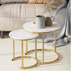 HEYZOEY Round Coffee Table, Set of 2, Living Room Table, Side Tables, Gold Metal, Coffee Table for Sofa Table, Living Room, Bedroom, White Ink Gold