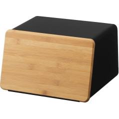 YAMAZAKI 5291 Tower Bread Bin with Lid, Chopping Board, Black, Steel/Bamboo, Minimalist Design, 31.5 x 24.5 x 18.5 cm (L x W x H)