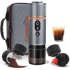 CONQUECO Portable Espresso Machine Electric Coffee Machine: 12V Car Small Travel Express Machine Set - Battery Operated, Compatible with NS Capsules & Ground Coffee (Grey (3 Items))