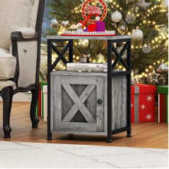 YITAHOME Side Table, Bedside Table with Cabinet, X-shaped Coffee Table with Charging Station, 2 USB Ports and Sockets, Bedside Table for Living Room, Metal Frame, Bedroom, Metal Frame, Grey