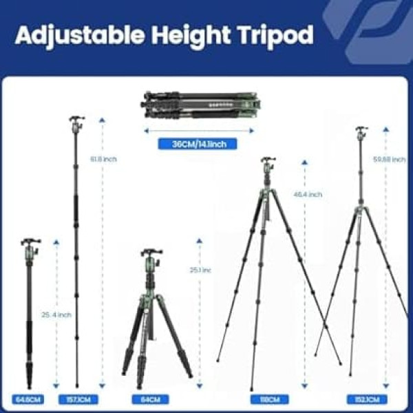Fotopro Carbon Fiber Travel Tripod, Compact Camera Tripod with Ball Head, Detachable Monopod with Quick Release Plate and Bag, Holds up to 8kg