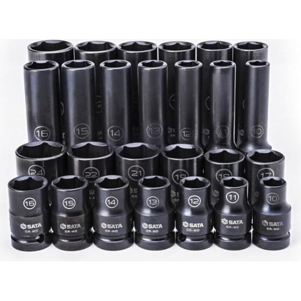 SATA ST34399T Power Socket Spanner Set 1/2 Inch / 12.7 mm, Hexagonal Metric Extra Thin Made of CR-Mo Steel with Robust Case 26 Pieces