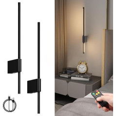 Aipsun Pack of 2 LED Battery Wall Light with Remote Control Inside, 6000 mAh, 5 W, 60 cm, 3 Colour Temperature and Timing Function, Wireless Wall Lights, for Bedroom, Dressing Table, TV Wall (Black)