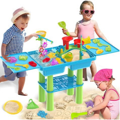 deAO Sand Water Table for Children, 3-in-1 Water Play Table for Children and Fishing Game, 26-Piece Accessories Including Sand Shovel, Water Wheel, Play Table with Lid, Sand Toy from 2 3 4 Years