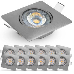 EMOS LED Recessed Spotlight 230 V, 5 W / 450 lm, 50° Swivel, Warm White 3000 K, Recessed Spotlight, LED Spotlight, Flat 68 mm Hole Size, Set of 12 LED Spotlights, 230 V, Square (Colour Brushed Silver)