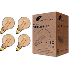 greenandco 4 x Smart WiFi Vintage Design LED Lamp, E27 G95, 3.8 W, 160 lm, 1800 K, 320°, 230 V, Flicker-Free, Dimmable, Compatible with Alexa and Google Assistant, WLAN (without Hub)