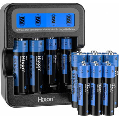 Hixon 1.5 V Lithium Battery Set, 8 Pieces Rechargeable 3500 mWh 1.5 V AA Battery Lithium and 8 Pieces 1100 mWh 1.5 V Lithium AAA Battery with Intelligent LCD Display Charger