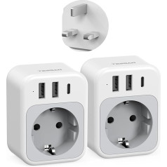 TESSAN 2 Pack UK Adapter, 4 in 1 Socket Adapter England with USB C and 2 USB A, Adapter England Germany Plug 3250W, Travel Adapter Type G, Power Adapter UK for Ireland London Scotland