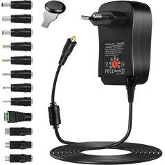 AXFEE Universal AC Adapter 12 V 2 A Power Supply AC 220 V to DC12 V, 3000 mA Max Power Driver 5.5 mm, Multi-Voltage Adapter with 5 V 2 A USB Port and 10 DC Plugs for Household Electronics, 3000 mA