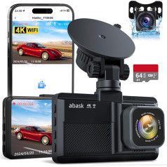 abask Dash Cam Car Front Rear Genuine 4K WiFi Car Camera 320 Degree with 64 GB Card, Built-in Display 3 Inches, Dash Cam with Reverse Gear Aid, Parking Monitoring, Night Vision, G-Sensor, Loop
