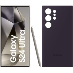 Samsung Galaxy S24 Ultra AI Smartphone, 12 GB RAM / 256 GB Memory, Titanium Grey, Silicone Case Dark Purple