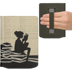 kwmobile Flip Case Compatible with Pocketbook Verse/Verse Pro/Verse Color/Vivlio Light/Light HD Case - Flip Case for eReader with Hand Strap - Woman Reading Black Beige