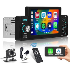 Hikity Car Radio 1 DIN Apple Carplay with Screen Android Car Radio with Bluetooth Hands-Free Kit 5 Inch Touch Display Car Radio with FM/EQ SWC Type-C/AUX/USB + Reversing Camera