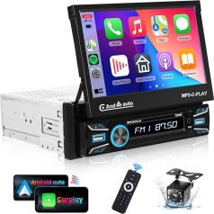 VECHTEL 1 DIN Car Radio with Wireless Carplay Android Car, 7 Inch Car Radio with Retractable Display Touchscreen Bluetooth, FM RDS Radio, Mirror Link, 2 USB, SWC, Microphone, Reversing Camera