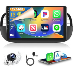 Hikity 2 + 64 GB Android 13 Car Radio Wireless CarPlay Android Car for Fiat 500 2007-2015 Radio Bluetooth Handsfree 9 Inch Screen Car Radio with Navigation Reversing Camera WiFi FM RDS SWC