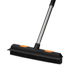 Pet Rubber Broom with 49 Inch Long Handle, Portable Lint Remover, Soft Push Broom for Lint Carpet, Hardwood, Tiles, Window (Black)