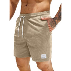 JMIERR Corduroy Men's Summer Leisure Linen Stretch Cotton Elastic Waist Shorts with Pockets
