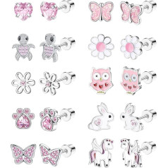 LOLIAS 10 Pairs Cute Screwed Stud Earrings for Women, Girls, Stainless Steel Multicoloured Heart, Flower, Butterfly, Rainbow CZ Stud Earrings, Hypoallergenic Screw Back Earrings