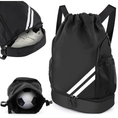 Gym Bag with Drawstring, Waterproof Sports Bag with Bottom Compartment, Sports Backpack Gym Bag with Inner Pocket, Outer Pocket, Gym Bag for Sports, Travel and City, Swimming Bag Black for Men and
