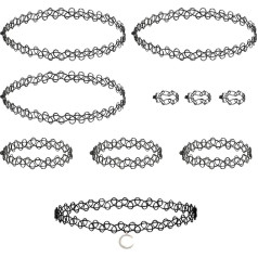 ZWZNBL 3 Sets Stretch Collars 1 Piece Moon Collar Stretch Tattoo Necklace Tattoo Collar Fashion Vintage Chain Tattoo Hollow Weave Jewelry Set Necklace Jewelry for Girls (Black), Plastic, No Gemstone