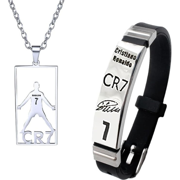 Aatpuss 2-Piece Cr7 Chain Set with Necklace and Bracelet, Silver Necklace Number 7, Football Jersey Necklace, 7 Football Sports Silicone Bracelets, Football Necklaces Bracelet Set, Gifts for Football