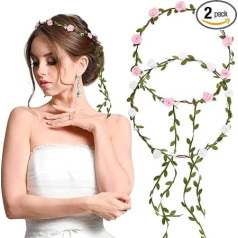 BETESSIN 2 x Flower Wreath Hair Flower Crown Women Girls Boho Flowers Hair Band Bridal Roses Headband with Leaves Wedding Party Communion Birthday Headpiece White Pink