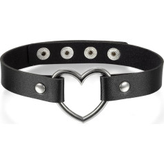 JewelryWe Jewellery, Punk Heart Choker Necklace, Collar, Gothic, Leather Choker, Adjustable Collar Necklace, Chain, Black, for Women