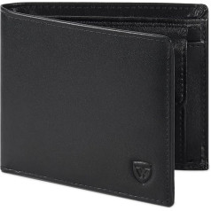 WONSEFOO Leather Wallet with RFID Protection, Slim Wallet with 9 Card Slots, Men's Small Wallet with Coin Compartment, Black, black, Minimalist