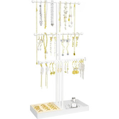 mepure Jewellery Stand, 3 Tier Height Adjustable Jewellery Tree for Chain Storage, Metal Jewellery Holder with Velvet Tray for Earrings, Rings, Bracelets, Watches, Gifts for Women, White