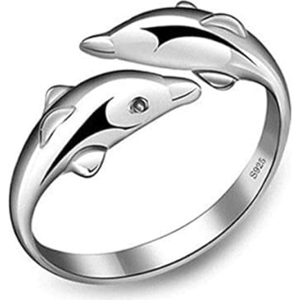 Wiftly Ladies Girls Ring 925 Sterling Silver Double Dolphin Eternal Love Simple Adjustable Size Open Ring Band Ring Fashion Index Finger Ring, Silver, Cubic Zirconia