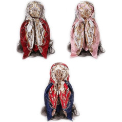 Thapncow Pack of 3 Faux Flower Bandana, Generic Headscarf for Women, Large Square Satin, Women's Silk Scarves, Smooth Silk Scarf, Decoration Headwear Gift for Women (90 x 90 cm), blue / red