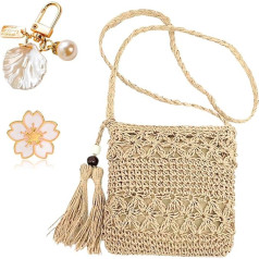 MUNSKT Straw Bag for Women with Tassel & Shell Keychain & Cherry Blossom Brooch, Woven Handmade Bohemian Shoulder Bag with Zipper for Summer Beach Travel, light brown