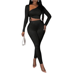 SweatyRocks Women's Two-Piece Long Sleeve Crop Top and Trousers Set Long Leggings and Asymmetrical Top with Drawstring Leisure Suit