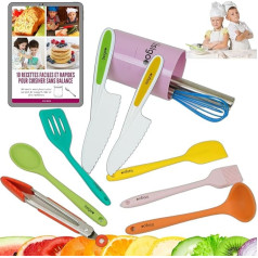 Montessori Kids Kitchen Set - Children's Knife, Pasta Roller, Maryse, Spatula, Spoon, Whisk, Brush, Ladle, Tongs, Utensil Pot