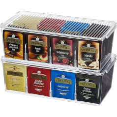 Lifewit Pack of 2 Tea Boxes 16 Compartments, Tea Boxes for Tea Bags, Tea Storage with Lid, Tea Organiser for Tea Bag, Coffee Bag, Use in Kitchens, Pantry, Worktops, Transparent
