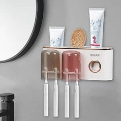 Toothbrush Holder Wall, Toothpaste Dispenser with 2 Cups, Toothbrush Holder No Drilling with Shelf for Children and Families, Holds 4 Toothbrushes (Ash Gold)