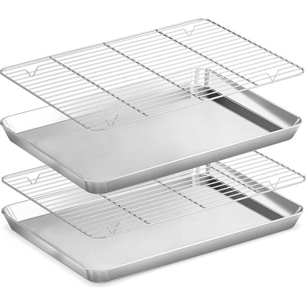 Fire More Stainless Steel Baking Tray with Cooling Rack (2 Baking Trays + 2 Cooling Racks), 40.5 x 30.5 x 2.5 cm, Rectangular Baking Tray with Cake Rack Set, Non-Stick Baking Tray, Non-Toxic and Easy