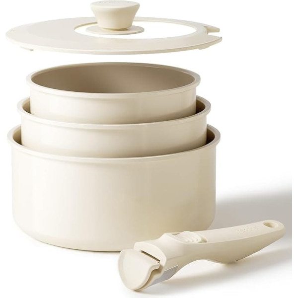 Saucepan Set with Removable Handles, Non-Stick Ceramic Pot Set 16/18/20 cm and 3-in-1 Locking Lid, Induction Cooking Pots for All Types of Cookers, Oven Safe
