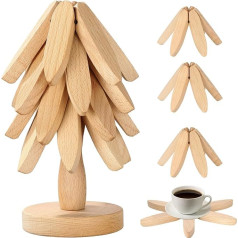 Wooden Coasters for Hot Food, Wooden Tree Shaped Coasters, Natural Foldable Coasters for Kitchen, Coaster Set for Pots, Pans, Bowls, Teapots Stand (Set of 4 - Beech)