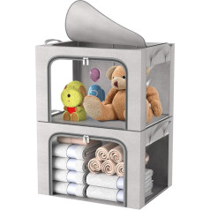 Pack of 2 Storage Boxes Clothes, Foldable Clothes Storage Box with Metal Frame and 3 Windows, Storage Bag for Duvets, Blankets, Clothes, Grey (24 L)