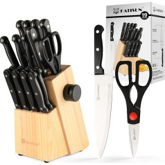 KATISUN Knife Block Set, 19 Pieces, Knife Set Seat Made of Rubber Wood, Practical Knife Sharpener, Scratch-Resistant, Comfortable Handle, Japanese-Inspired Knife Set, Block for Professional Chefs