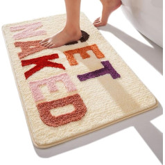 QJHOMO Get Naked Bath Mat Beige Bathroom Mats 50 x 80 cm, Non-Slip Bath Mats for Bathroom, Colourful Letters, Soft Microfiber, Machine Washable Rug