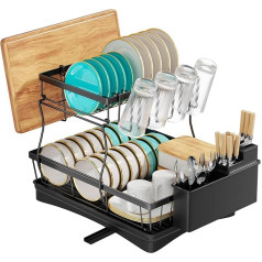Dish Drying Rack - 2 Tier Space Saving Dish Rack with Utensil Holder, Dish Drainer for Kitchen Counter, Sink Dish Drainer with Draining Board, Black