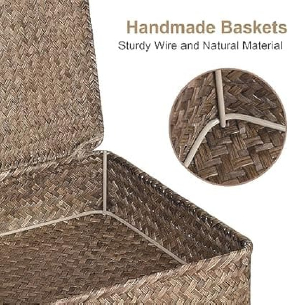 Set of 2 Flat Woven Wicker Baskets with Lid, Natural Seagrass Basket Boxes, Multipurpose Organiser, Boxes for Shelf Organizer